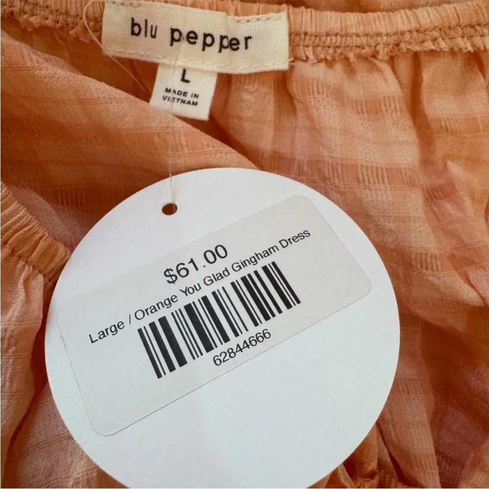 Peach Gingham Midi Dress with Puff Sleeves - Picture 3 of 4